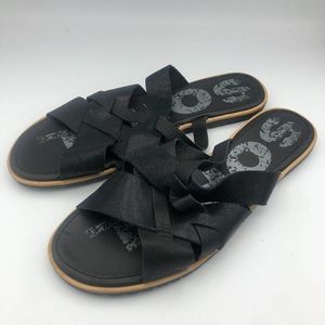 Women's Sorel Size 11 Black Strappy Sandal Slides Leather Slip‎ On Glitter Woven